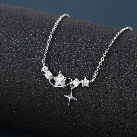 925 Sterling Silver Elegant Star Crystal Heart Necklace In Sterling Silver