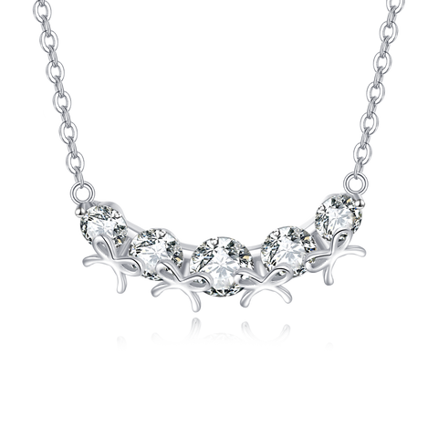 925 Sterling Silver Elegant Zircon Necklace With Five-stone Curved Bar Pendant And Delicate Silver Chain