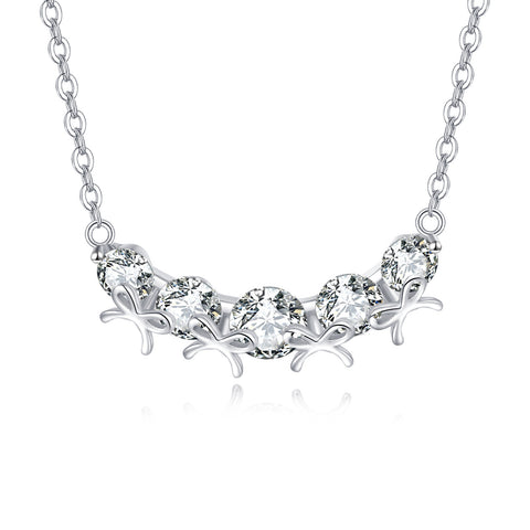 925 Sterling Silver Elegant Zircon Necklace With Five-stone Curved Bar Pendant And Delicate Silver Chain