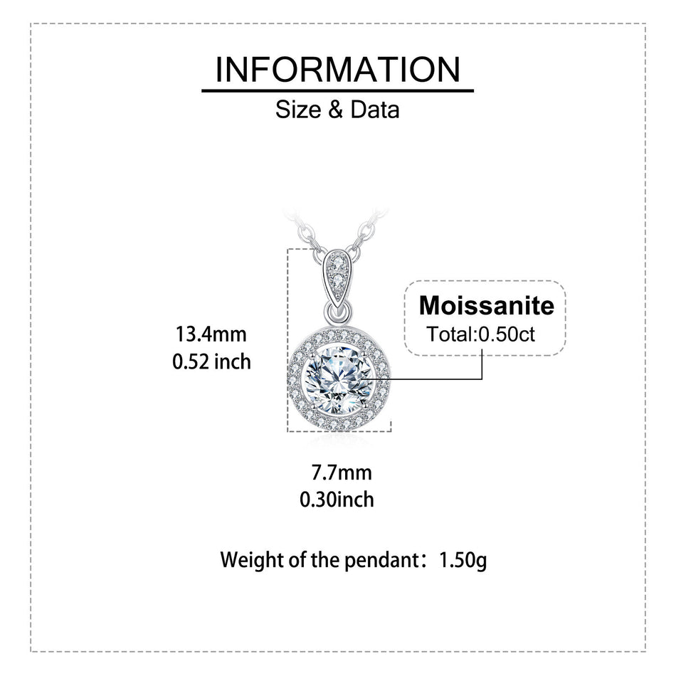 925 Sterling Silver Elegant Moissanite Pendant Necklace With Silver Chain And Classic Halo Design