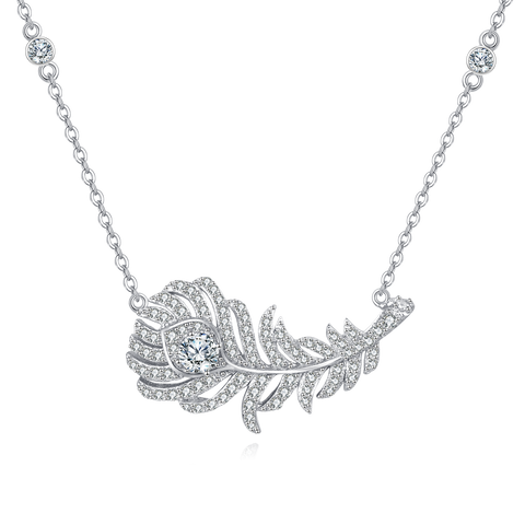 925 Sterling Silver Zircon-encrusted Feather Pendant Necklace