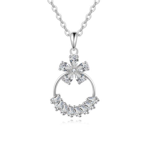 925 Sterling Silver Elegant Zircon Flower Pendant Necklace With Silver Chain