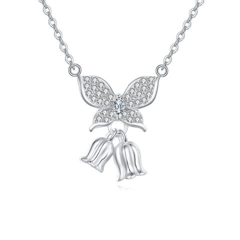 925 Sterling Silver **title:** Elegant Silver Butterfly Zircon Pendant Necklace With Charm Bells