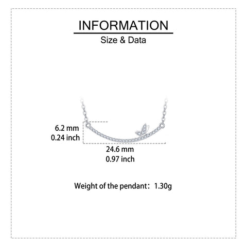 925 Sterling Silver Delicate Zircon Butterfly Pendant Necklace: Elegant Smiling Curve Design