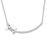 925 Sterling Silver Elegant Silver Zircon Bow Necklace With Curved Bar Pendant