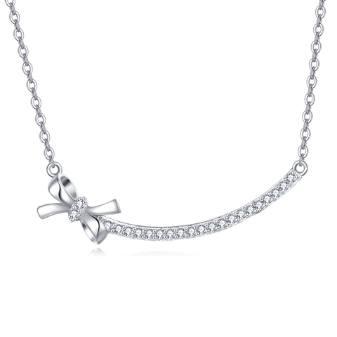 925 Sterling Silver Elegant Silver Zircon Bow Necklace With Curved Bar Pendant