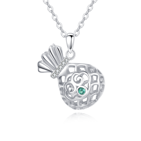 925 Sterling Silver Elegant Silver Pearl Sphere Necklace With Green Gem And Zircon Accents