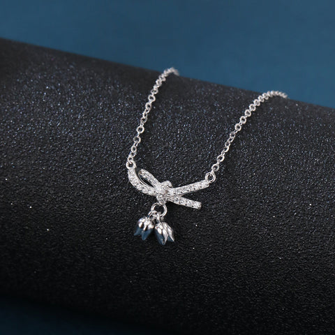 925 Sterling Silver Zircon Bow Necklace With Tulip Charms - Elegant Feminine Jewelry