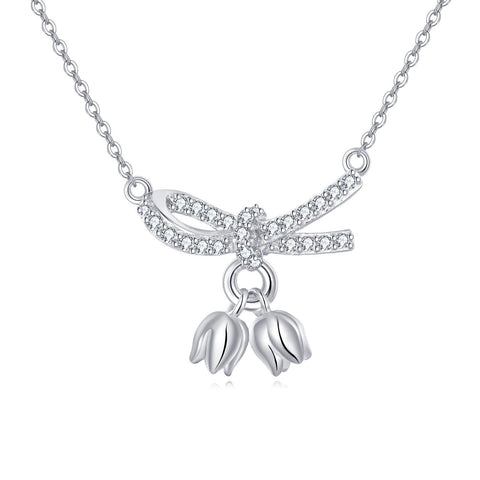 925 Sterling Silver Zircon Bow Necklace With Tulip Charms - Elegant Feminine Jewelry