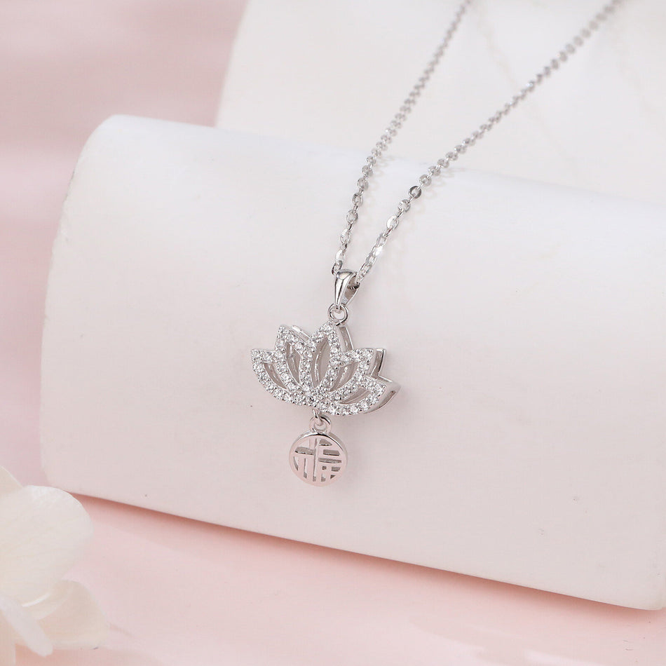 925 Sterling Silver Elegant Lotus Flower Necklace With Sterling Silver And Cubic Zirconia Charm