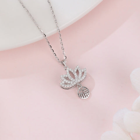 925 Sterling Silver Elegant Lotus Flower Necklace With Sterling Silver And Cubic Zirconia Charm
