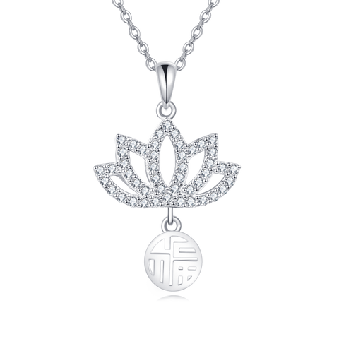 925 Sterling Silver Elegant Lotus Flower Necklace With Sterling Silver And Cubic Zirconia Charm