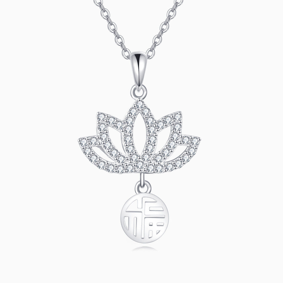 925 Sterling Silver Elegant Lotus Flower Necklace With Sterling Silver And Cubic Zirconia Charm