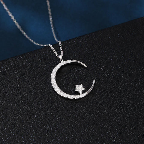 925 Sterling Silver Elegant Silver Crescent Moon & Star Zircon Pendant Necklace