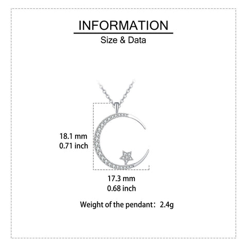 925 Sterling Silver Elegant Silver Crescent Moon & Star Zircon Pendant Necklace