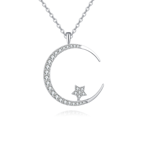 925 Sterling Silver Elegant Silver Crescent Moon & Star Zircon Pendant Necklace