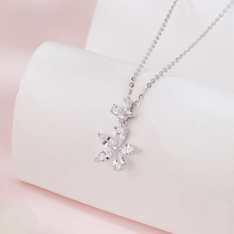 925 Sterling Silver Elegant Zircon Double Bloom Flower Necklace