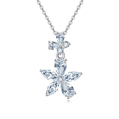 925 Sterling Silver Elegant Zircon Double Bloom Flower Necklace