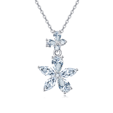 925 Sterling Silver Elegant Zircon Double Bloom Flower Necklace