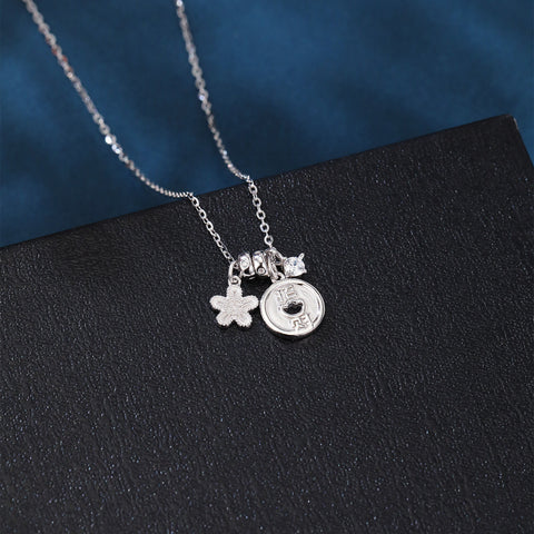 925 Sterling Silver **title:** Elegant Silver Necklace With Zircon Accents, Four-leaf Clover Charm, And Prosperity Symbol Pendant