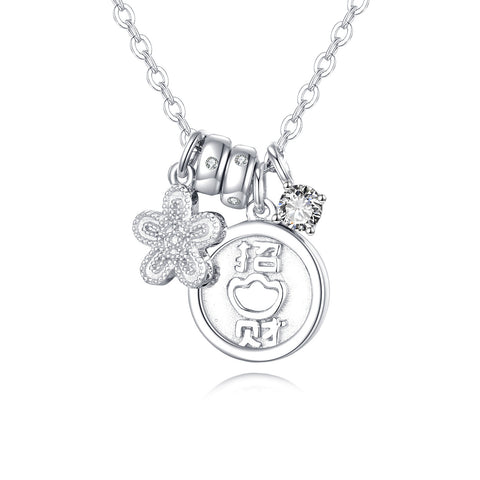 925 Sterling Silver **title:** Elegant Silver Necklace With Zircon Accents, Four-leaf Clover Charm, And Prosperity Symbol Pendant