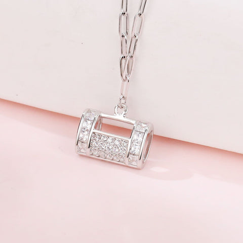 925 Sterling Silver Elegant Rectangular Zircon Encrusted Pendant Necklace With Silver Chain