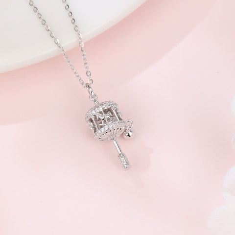 925 Sterling Silver Sterling Silver Carousel Pendant Necklace With Crystal Accents And Charm Bell
