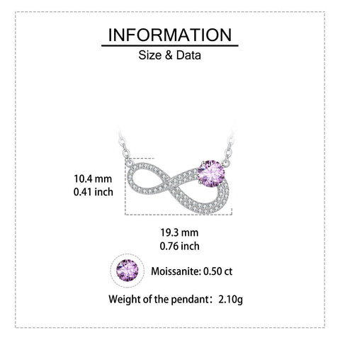 925 Sterling Silver Elegant Infinity Moissanite Necklace With Purple Gemstone Pendant