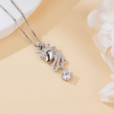 925 Sterling Silver **enchanted Silver Unicorn Pendant Necklace With Moissanite Accents**
