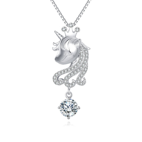 925 Sterling Silver **enchanted Silver Unicorn Pendant Necklace With Moissanite Accents**