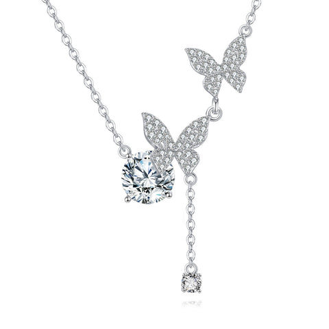 925 Sterling Silver Elegant Moissanite-encrusted Butterfly Pendant Necklace With Timeless Charm