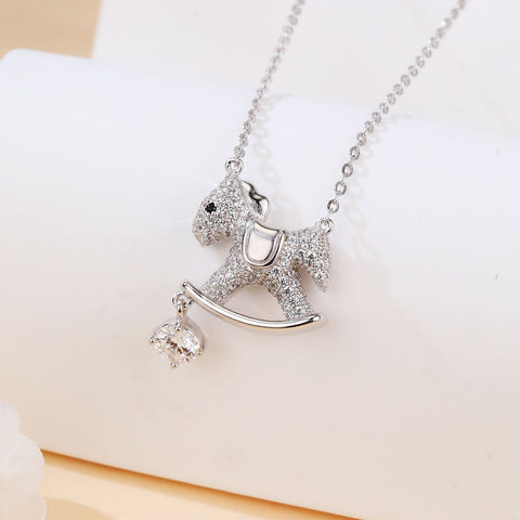925 Sterling Silver Moissanite-studded Rocking Horse Pendant Necklace
