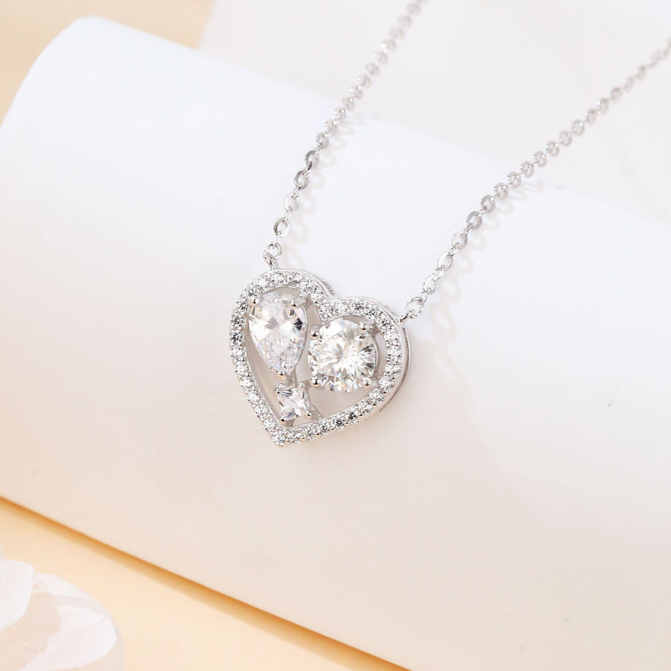 925 Sterling Silver Eternal Love Moissanite Heart Pendant Necklace With Twin Gems And Sparkling Accents