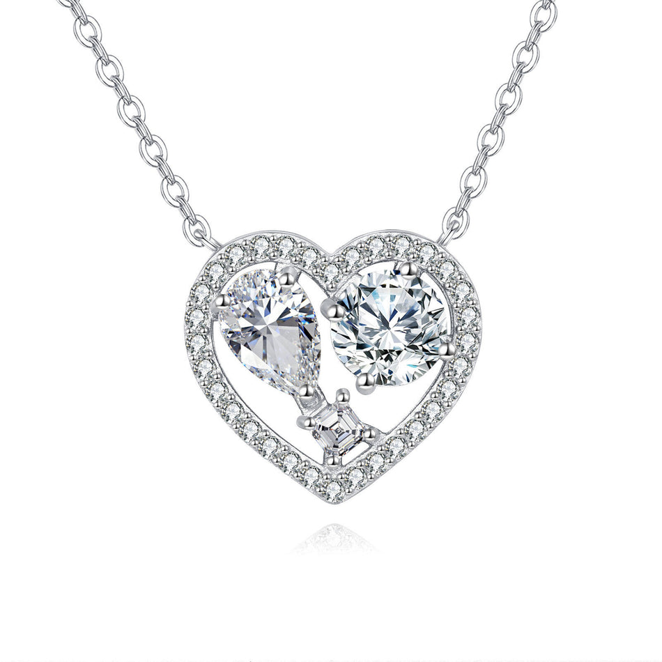 925 Sterling Silver Eternal Love Moissanite Heart Pendant Necklace With Twin Gems And Sparkling Accents