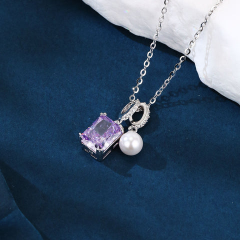 925 Sterling Silver Elegant Silver Necklace With Purple Gemstone And Pearl Pendant