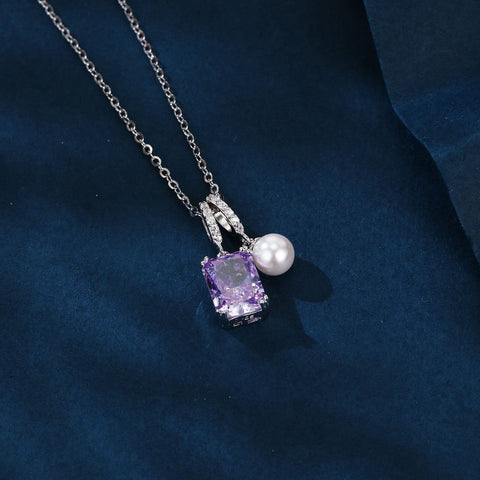 925 Sterling Silver Elegant Silver Necklace With Purple Gemstone And Pearl Pendant