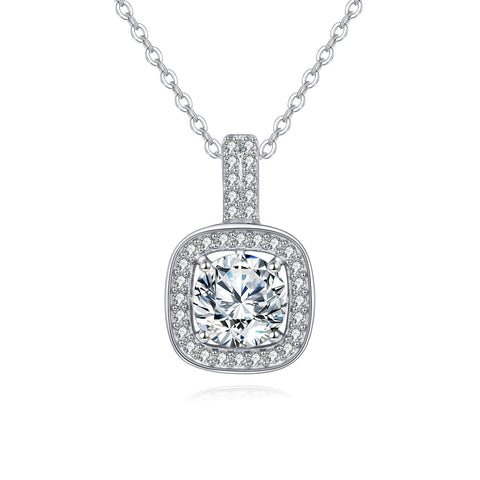 925 Sterling Silver Elegant Moissanite Square Pendant Necklace: Timeless Luxury In Plated with White Gold