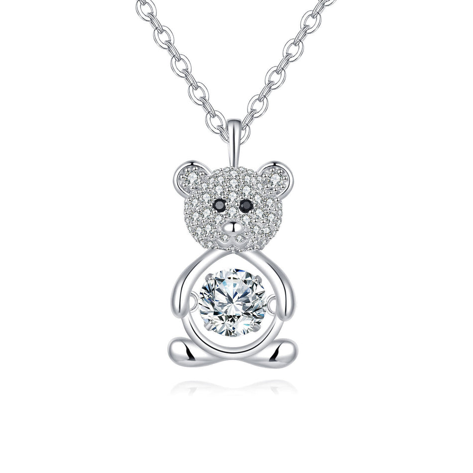 925 Sterling Silver Sparkling Teddy Bear Moissanite Pendant Necklace