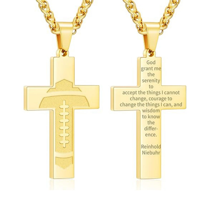 14K Gold Plated Bible Verse Football Cross Pendant Necklace