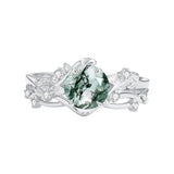 Sterling Silver Personalized Engraved Moss Agate Bridal Wedding Promise Engagement Ring Set for Women