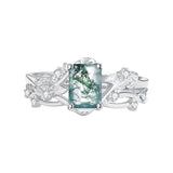 Sterling Silver Personalized Engraved Moss Agate Bridal Wedding Promise Engagement Ring Set for Women