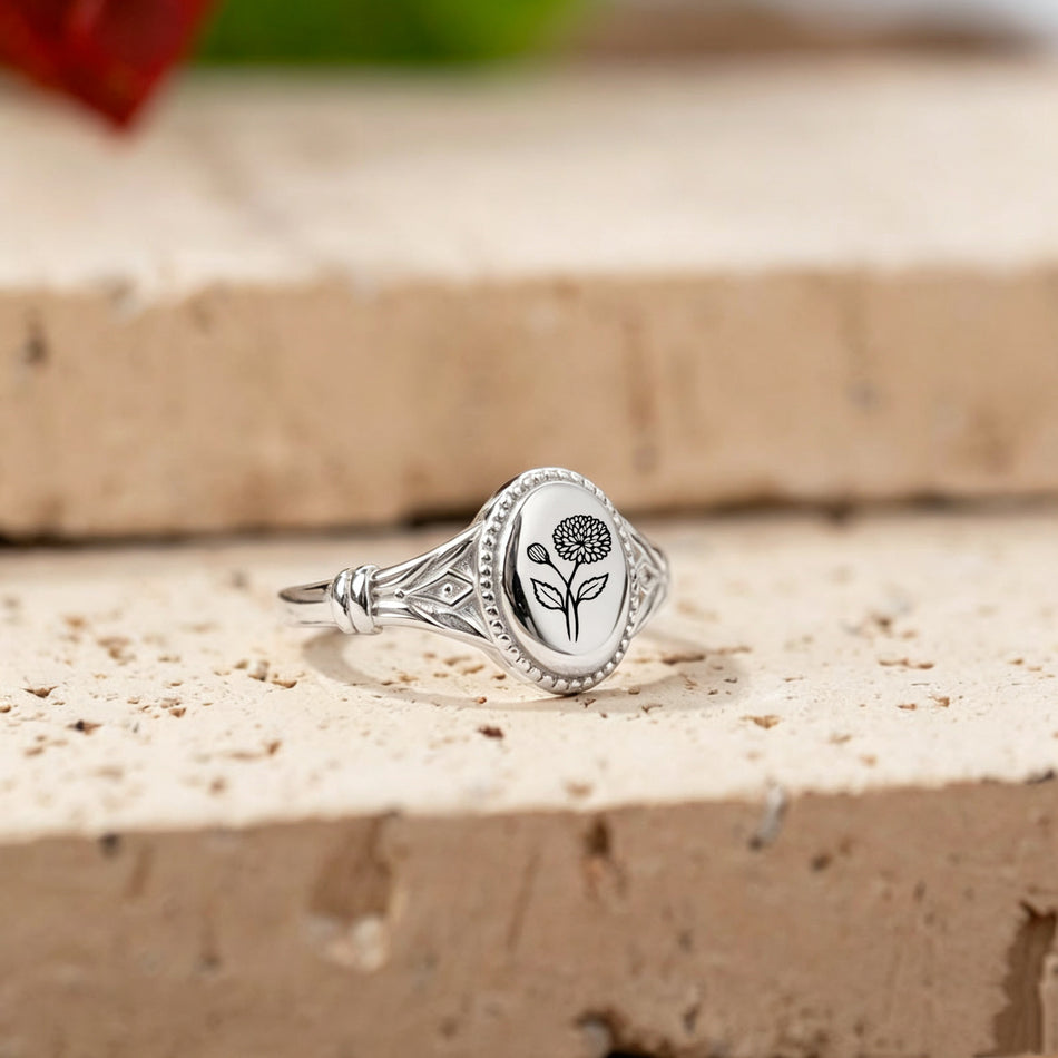 925 Sterling Silver Birth Flower Ring Vintage Flower Signet Ring Mother's Day Gift