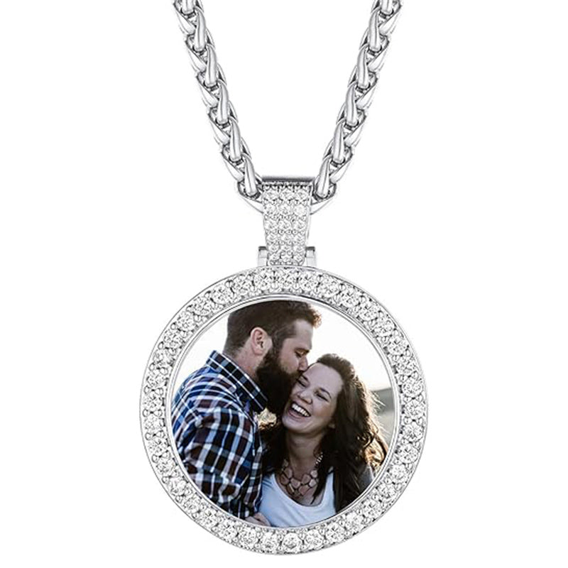 Copper  Cubic Zirconia Round Personalized Photo Engraved Pendant Necklace