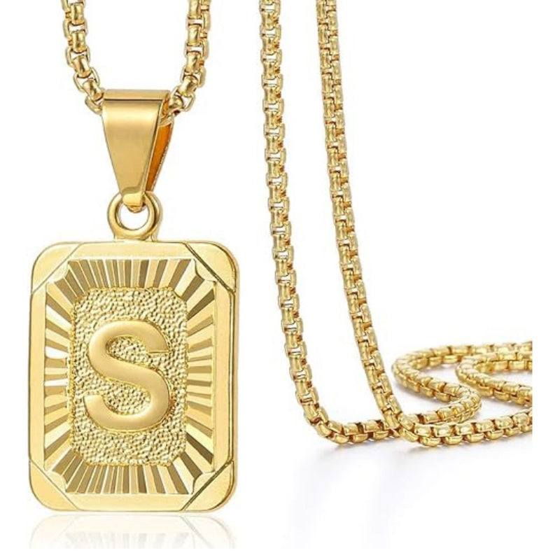 14K Gold Plated  Initial A-Z Letter Pendant Necklace Stainless Steel Box Chain 24inch