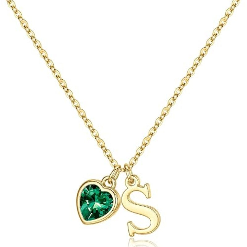14K Gold Plated Initial A-Z Heart Birthstone Letter Necklace