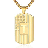 14K Gold Plated Initial A-Z American Flag Dog Tag Necklace for Men