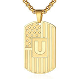 14K Gold Plated Initial A-Z American Flag Dog Tag Necklace for Men