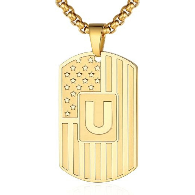 14K Gold Plated Initial A-Z American Flag Dog Tag Necklace for Men