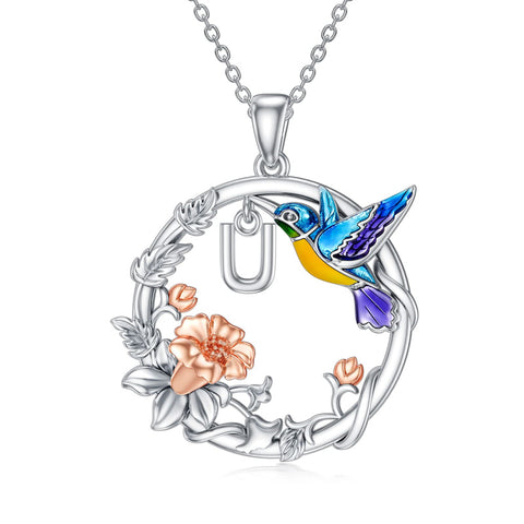 Hummingbird Necklace with A to Z Letters, Hummingbird Pendant Necklaces Sterling Silver 26 Alphabet Jewelry Gift for Women