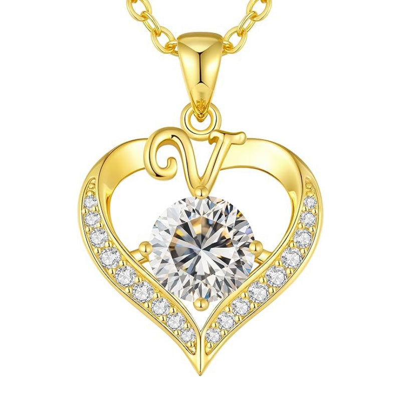 14K Gold Plated Initial Love Heart 2 Carat Moissanite Necklaces for Women Christmas Anniversary Birthday Present Gifts